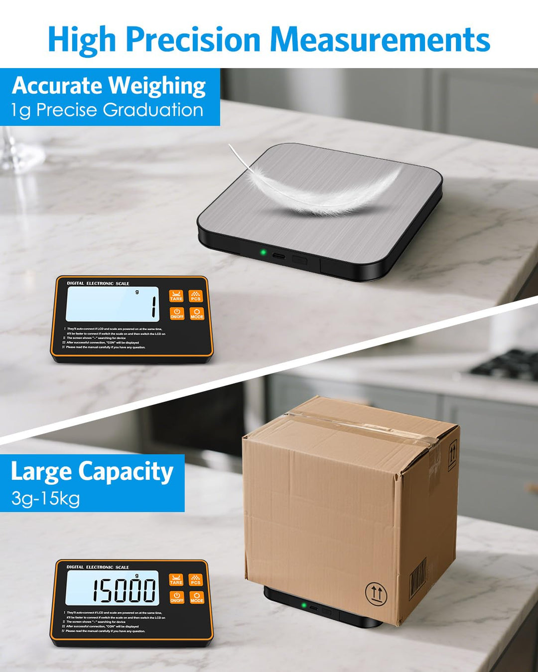 [Neu] Brifit Digitale Küchenwaage 15kg/1g mit Abnehmbarem Display – Wiederaufladbare Küchenwaage mit