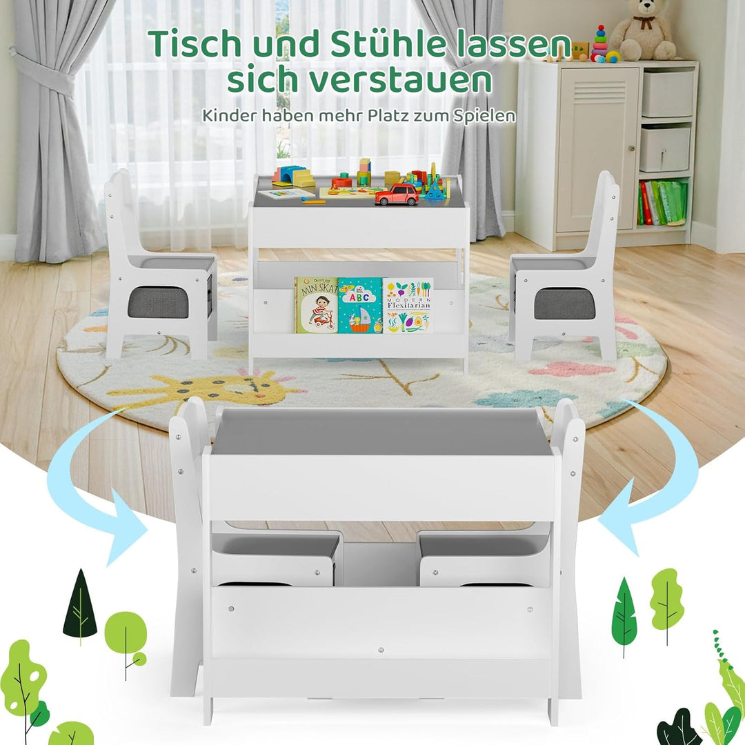 MAMIZO Kindertisch mit 2 Stühlen, 3 in 1 Kinder Tisch Stuhl Set, Kindermöbel Set aus Holz mit Staura