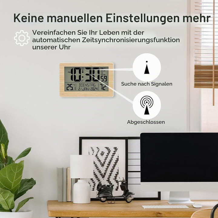 Wecker Digital Funkuhr Tischuhr mit grossem LCD-Display, Kalender, Temperatur, Luftfeuchtigkeit, Hin