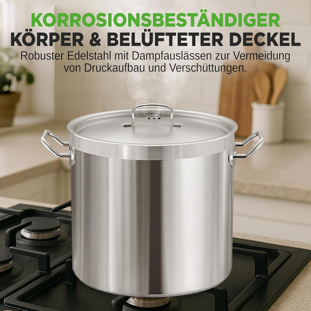 NutriChef Edelstahl Kochtopf 33,1L Induktion – Suppentopf mit Deckel, Profiqualität für Gastronomie