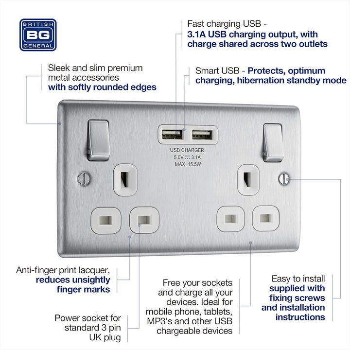 BG Electrical NBS22U3W Nexus Metall, gebürsteter Stahl, doppelt geschaltete 13A-Steckdose mit USB-Au