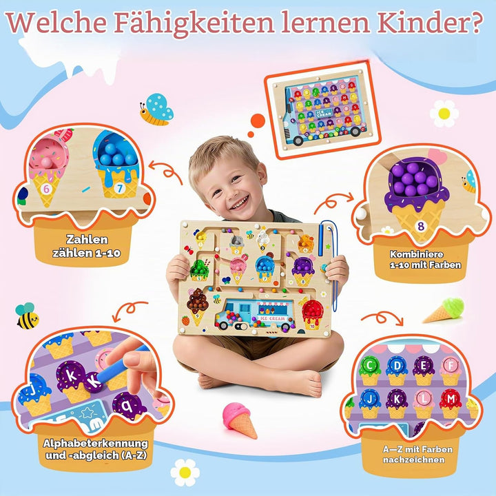 2-in-1 Magnetisches Eiscreme-Zahlen-Labyrinth Holzpuzzle für Kinder