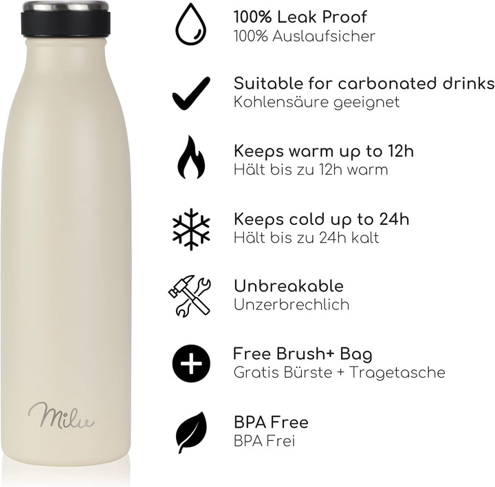 Milu Edelstahl Trinkflasche 350ml 500ml 750ml 1L 1,5L Thermosflasche Isolierte Wasserflasche Auslauf