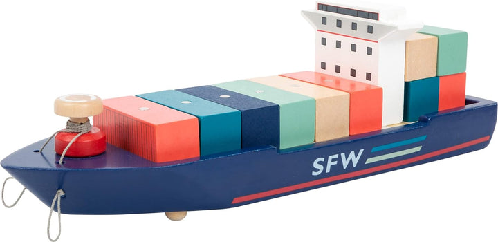 small foot Containerterminal aus Holz, mit beweglicher Containerbrücke, Schiff und Zubehör, ab 3 Jah
