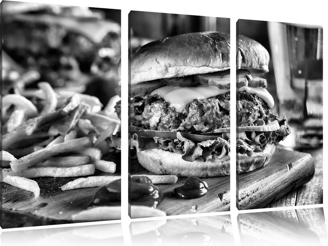 Pixxprint Saftiger Chili Cheese Burger als Leinwandbild/Grösse: 3 Teilig (120x80) cm/Wandbild/Kunstd