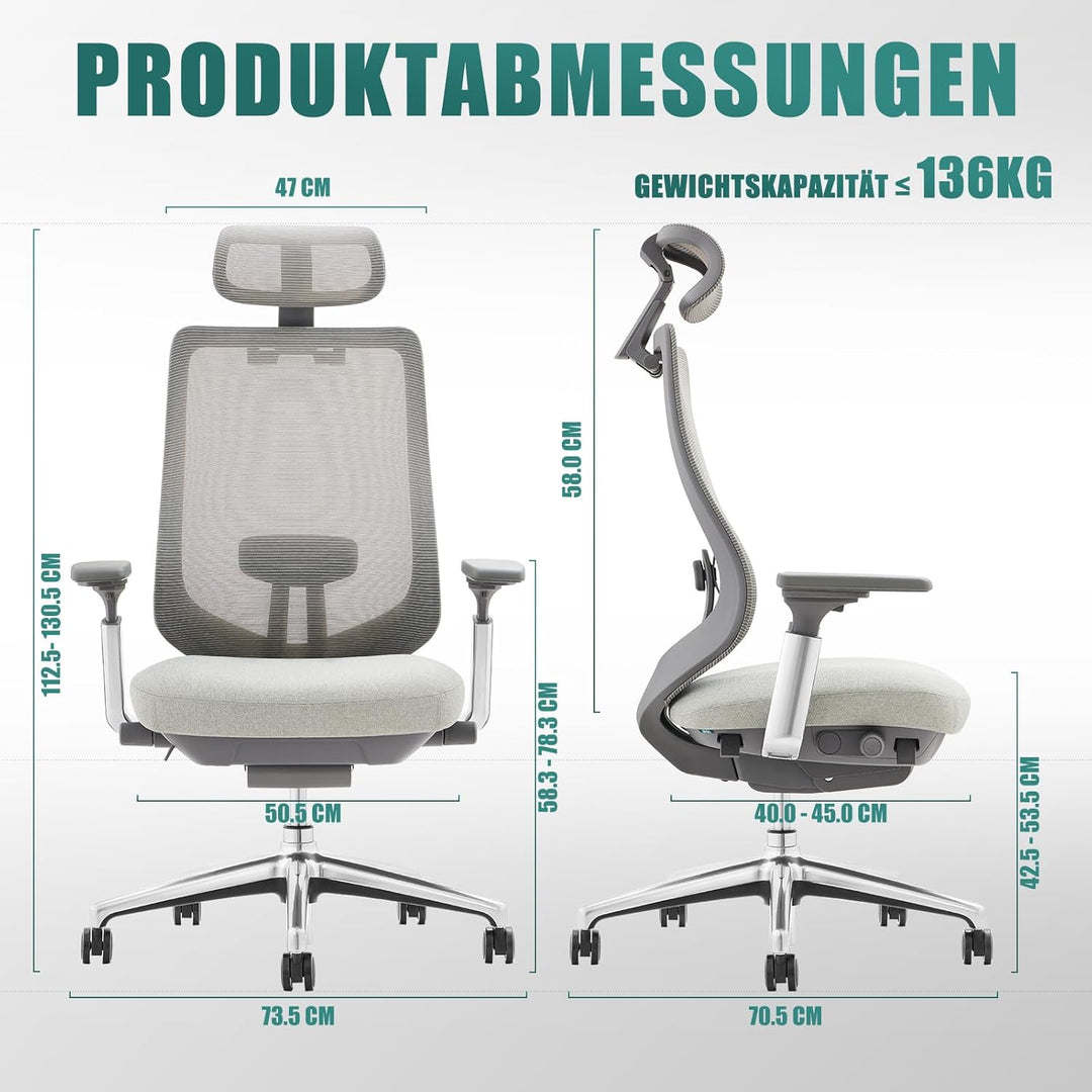 COLAMY XK Atlas Ergonomischer Netz-Bürostuhl, Chefsessel mit hoher Rückenlehne, Verstellbarer Kopfst