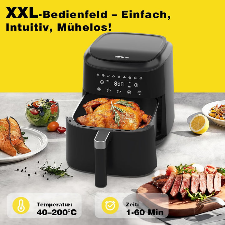 Heissluftfritteuse XL 6L, Airfryer mit 9 Programmen, Warmhaltefunktion, Touchscreen, Ohne PFAS, 1650
