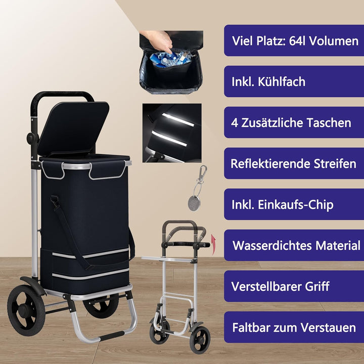 Einkaufstrolley 64L gross, Einkaufstasche mit Rollen klappbar, Einkaufswagen bis 60kg, Trolley mit K