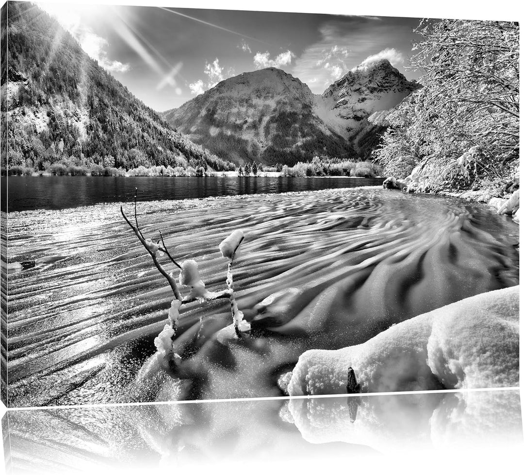Pixxprint Winterlandschaft See / 100x70cm Leinwandbild bespannt auf Holzrahmen/Wandbild Kunstdruck D