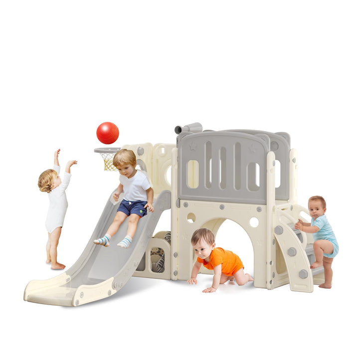hoopyosms Kinder Rutsche mit Klettergerüst, Basketballkorb und Tunnel, Indoor-Kunststoffrutschenset