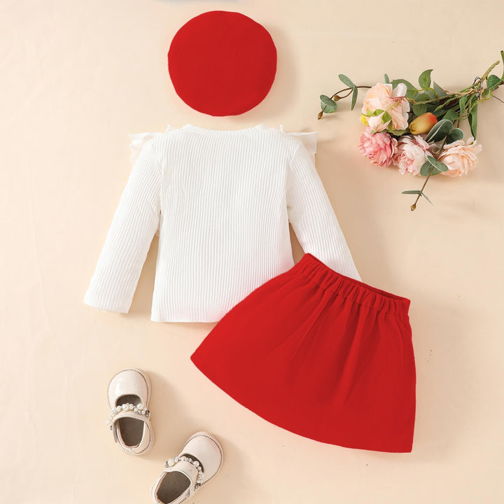 Kleinkind Baby Mädchen Outfits Rüschenärmel Gestrickt Bowknot Shirt + Elegant Mini Rock+ Baskenmütze