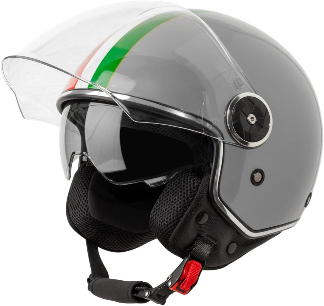 VINZ Neiva Jethelm mit Doppelvisier | Roller Helm mit Italienische Flagge & mit Sonnenblende | In Gr