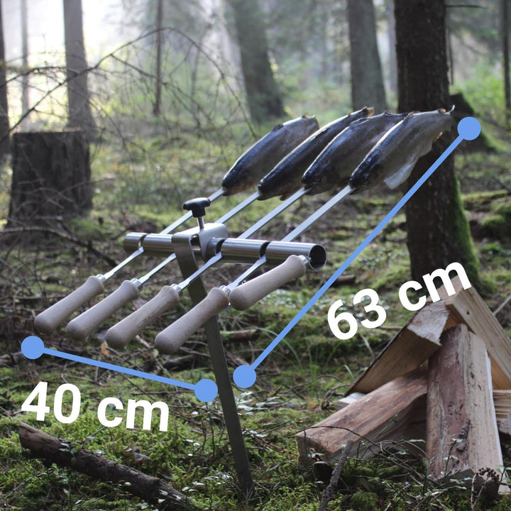 Premium Steckerlfisch Halter für Lagerfeuer - Platz für 4 Fische - Fisch Grill Spiesshalter für offe