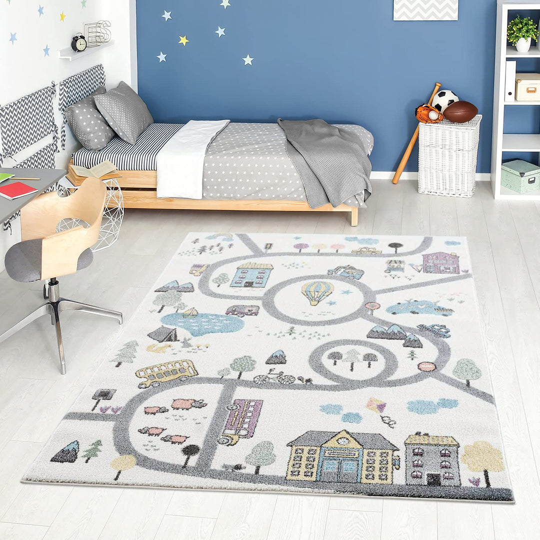 carpet city Kinderteppich - Strassen-Stadt-Motiv Creme Multi - Kinderzimmer Teppich Modern (80 cm x