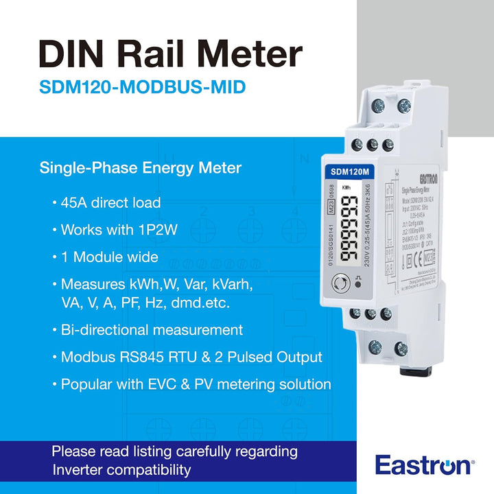 EASTRON SDM120 Stromverbrauchsmesser - einphasig - Modbus RS485 RTU - Stromzähler Hutschiene, 45A kW