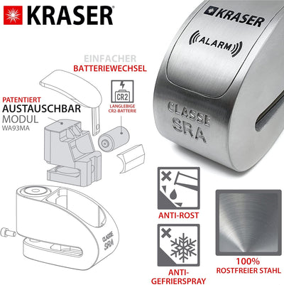 KRASER KR10S Motorrad Alarm Vorhängeschloss, 120dB Double Lock Anti-Diebstahl Bike Disc Clip mit War