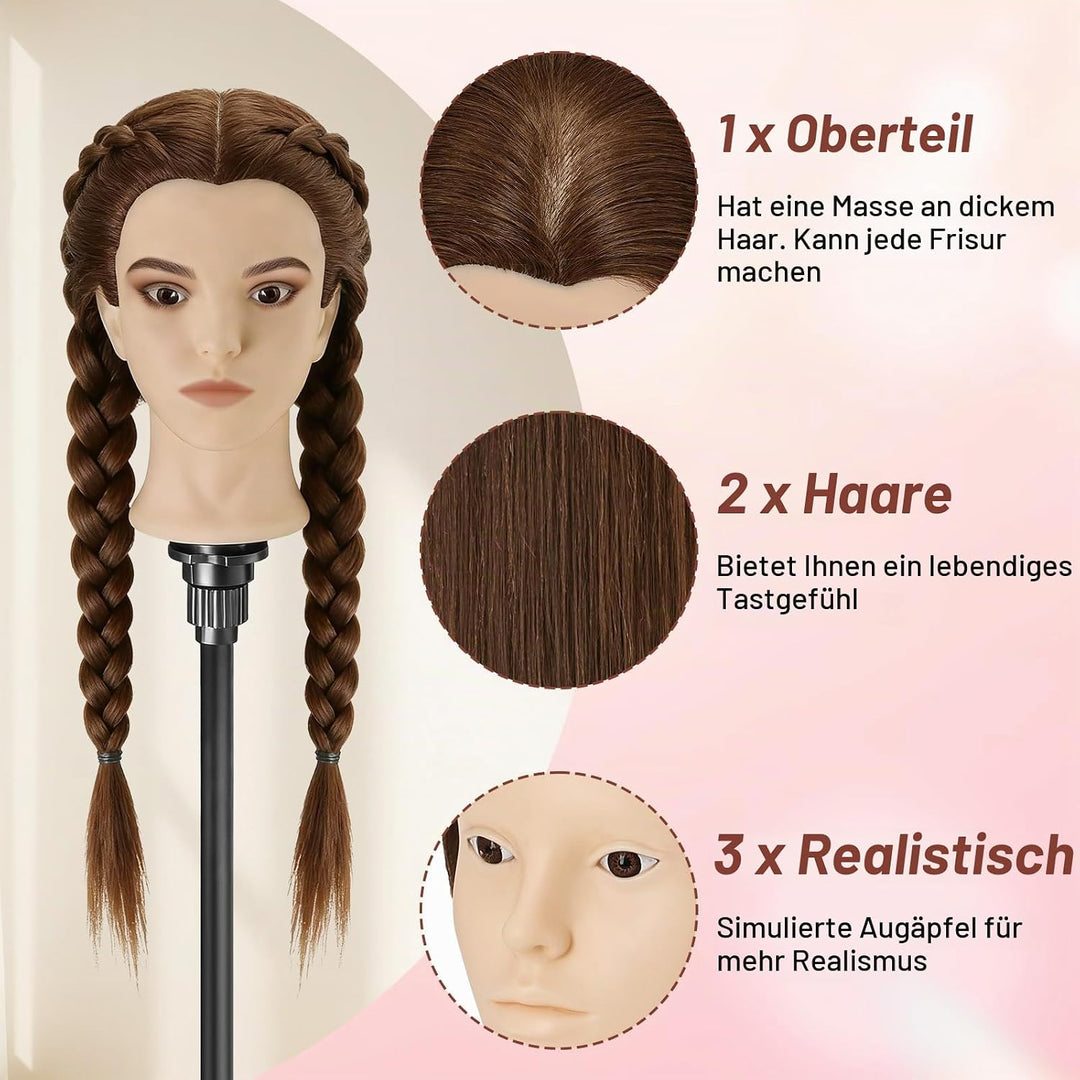 Frisierkopf Echthaar,23inch 80% Mannequin Kopf,Schminkkopf für Übungskopf Friseur,Puppenkopf zum Fri