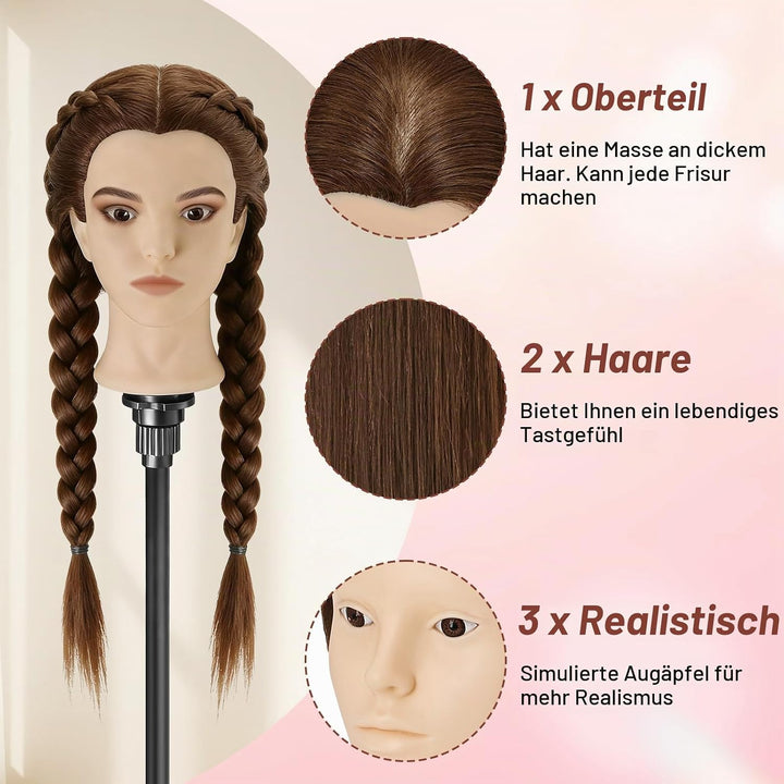 Frisierkopf Echthaar,23inch 80% Mannequin Kopf,Schminkkopf für Übungskopf Friseur,Puppenkopf zum Fri