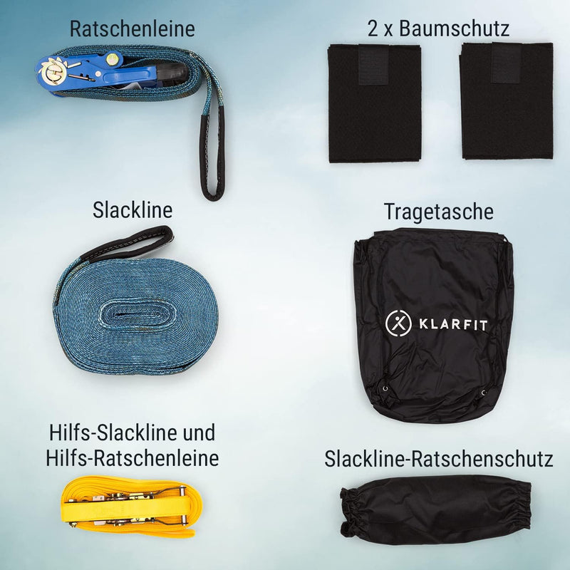 Klarfit Slackline, Slackline für Kinder & Erwachsene, Slackline-Set mit Übungsline, Ratsche, Seile &