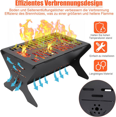 GFTIME 3-in-1 tragbare Feuerstelle, Campinggrill, klappbarer Holzkohlegrill - 46 x 32cm Klappgrill f