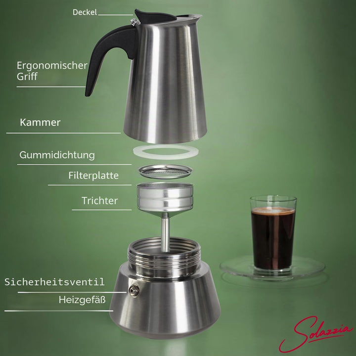 Espressokocher aus Edelstahl, Induktion, 4 Tassen, 200 ml, für alle Herdarten geeignet, Glaskeramik-