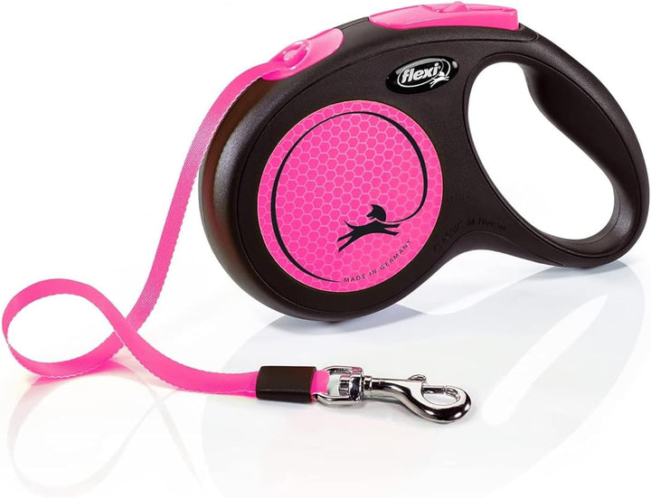 flexi® Neon M Gurt 5 m schwarz, neon-Pinker Gurt, reflektierende Seitenfläche, Roll-Leine für Hunde