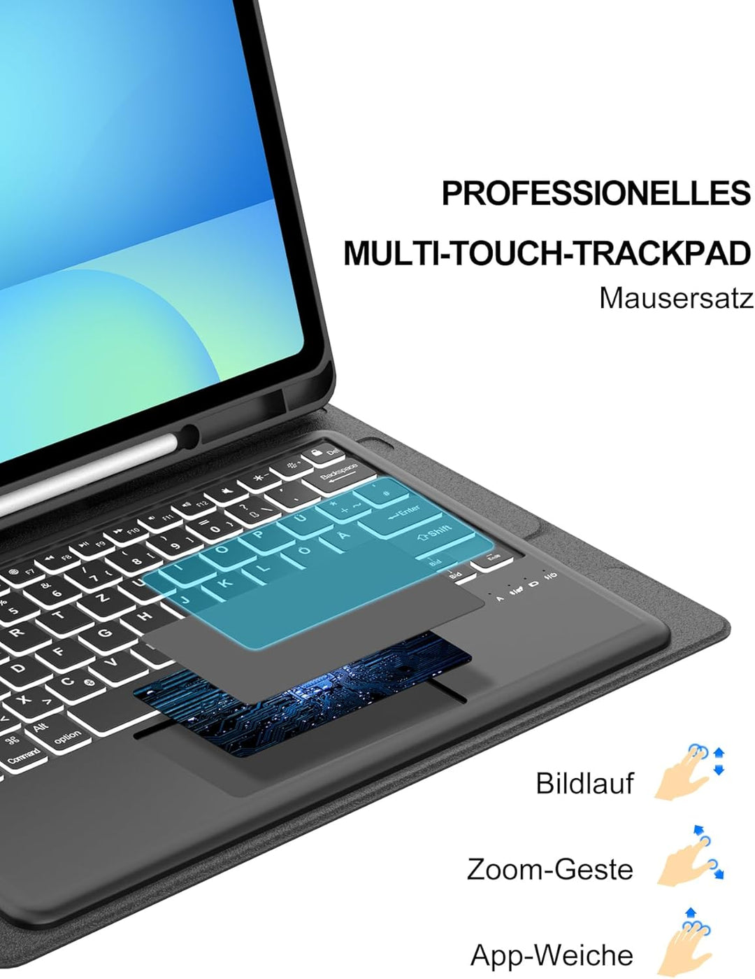 Für Galaxy Tab S10 FE Plus Hülle mit Beleuchteter Tastatur & Trackpad – 7-Farben RGB, Deutsches QWER