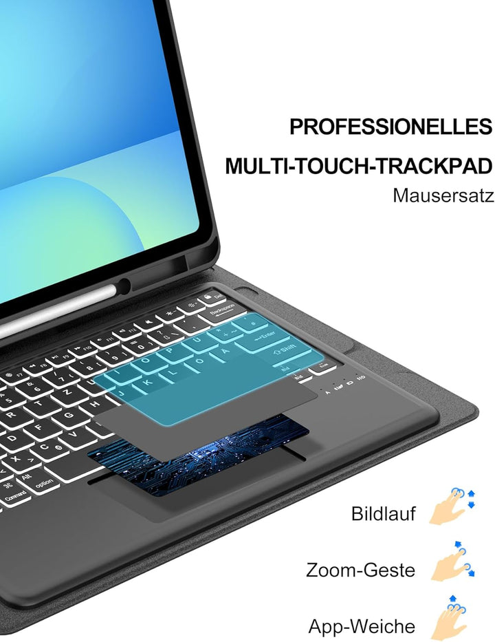 Für Galaxy Tab S10 FE Plus Hülle mit Beleuchteter Tastatur & Trackpad – 7-Farben RGB, Deutsches QWER