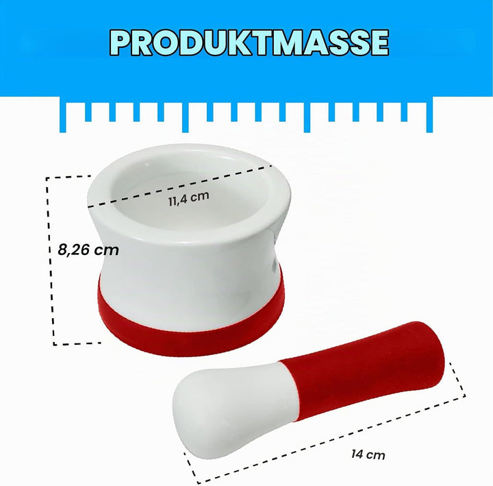 EZ-Grip Mörser und Stössel aus rotem Silikon und Porzellan mit rutschfester abnehmbarer Silikonbasis