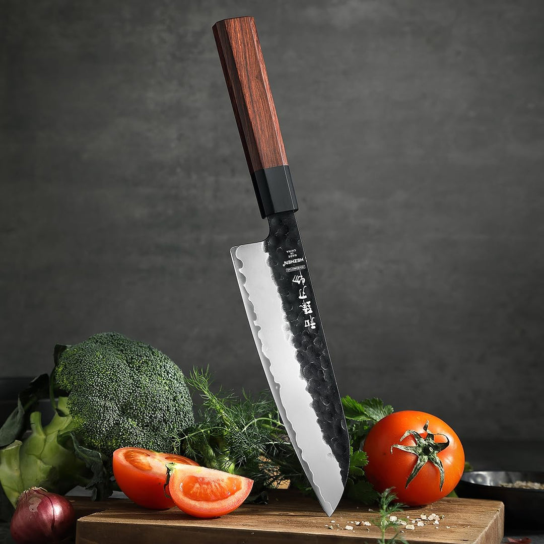 HEZHEN 18,5cm Santoku Messer, Verkleideter Stahl Kochmesser, Geschmiedet Japanischer Stil Gyuto Mess
