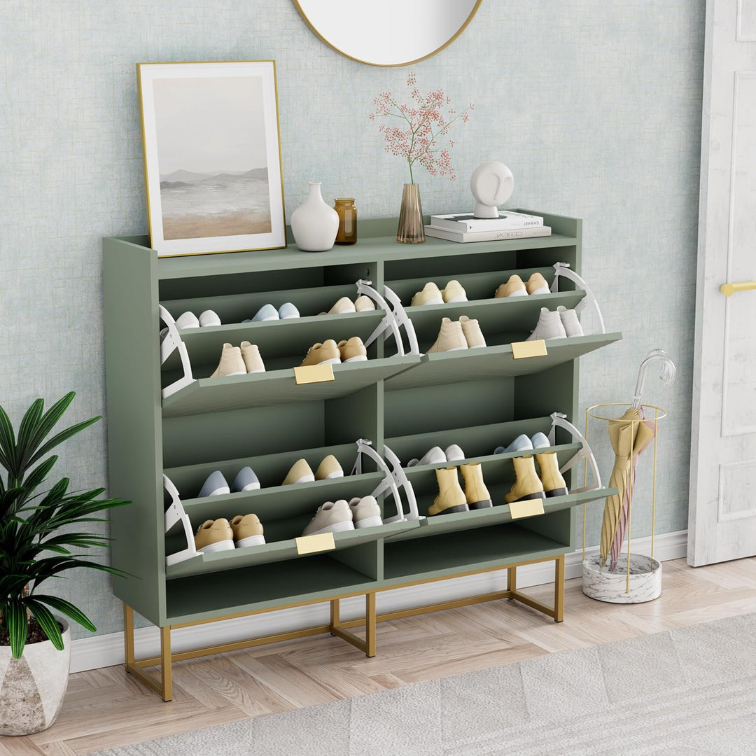 UEV Schuhschrank mit 4 Klappen Schmal,Freistehendes Schuhregal mit Kippschutz, Schuhkommode mit vers
