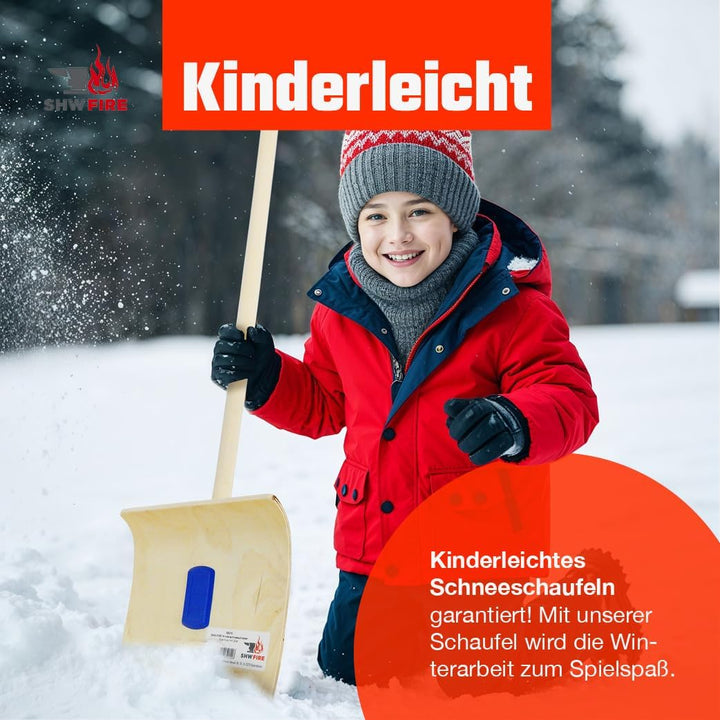 Schneeschieber für Kinder mit 26 cm Schaufel und 75 cm Holzstiel, Schaufel aus 5-lagigem Sperrholz,