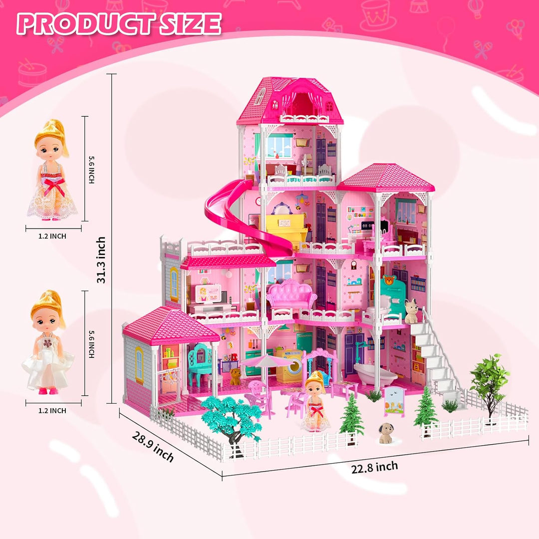 Doloowee Puppenhaus, 4 Geschichten 10 Zimmer Puppenhaus mit 2 Prinzessinnen Rutsche Zubehör, Spielze