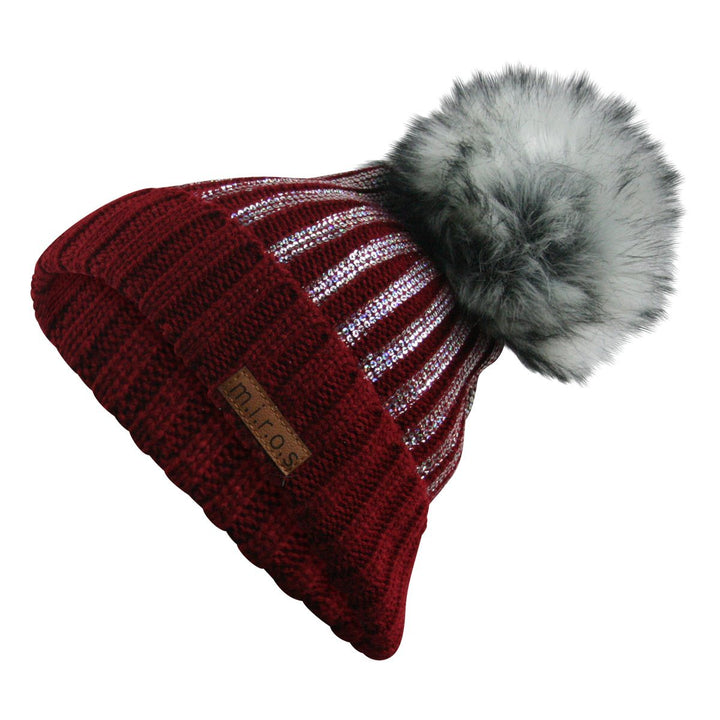 m.i.r.o.s Odette Damen Wintermütze Rot mit Pailletten Print | handgemachte Bommel Mütze