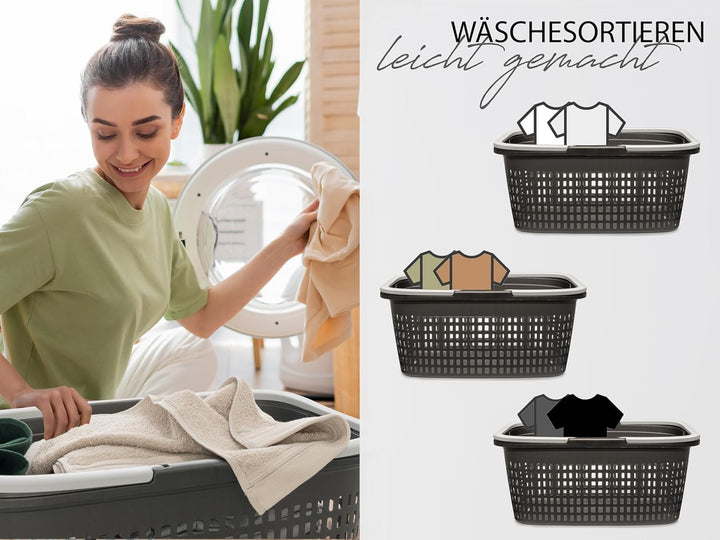 Hausfelder Wäschekorb mit Henkel 35L, Plastikkorb gross aus Kunststoff, Tragekorb für Wäsche mit Gri