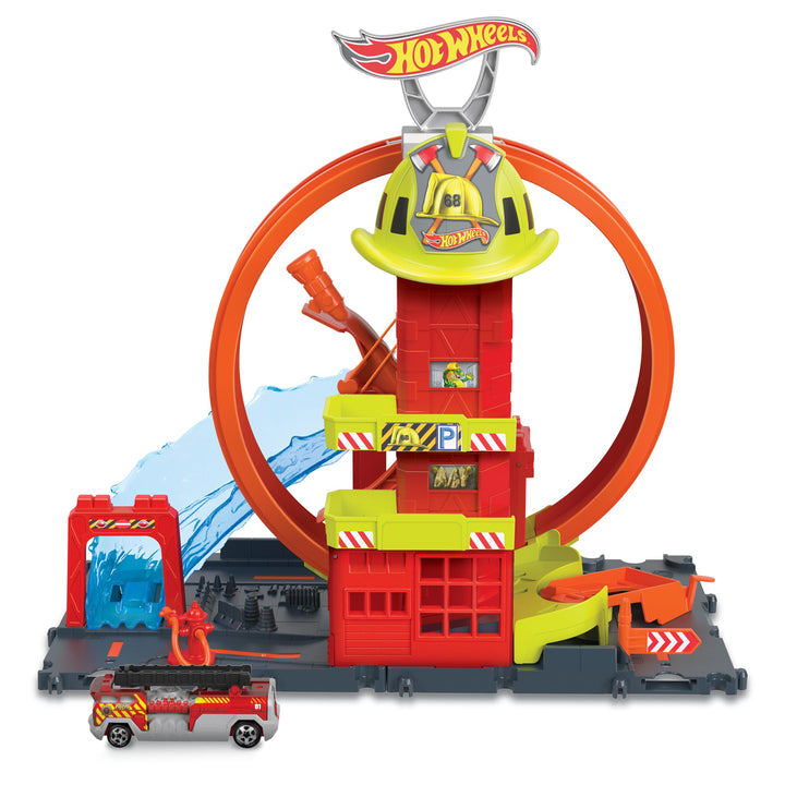 Hot Wheels City Super-Looping Feuerwache - Spielset mit manuellem Aufzug und wasserähnlicher Rampe u