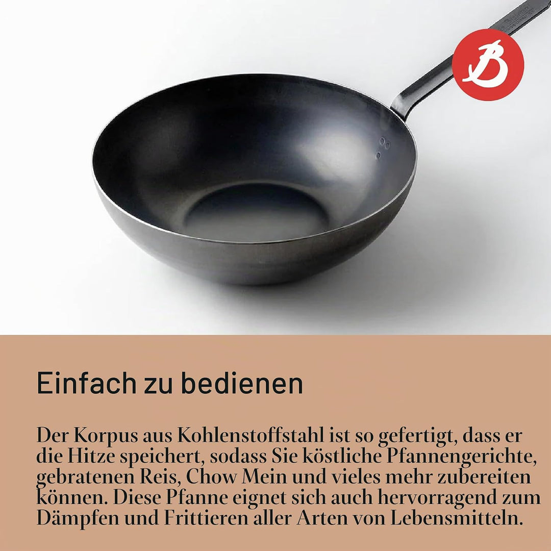 De Buyer Blaue Wokpfanne aus Karbonstahl, 2 mm dick, Zugang – 31,8 cm Durchmesser, 15 cm Kochfläche