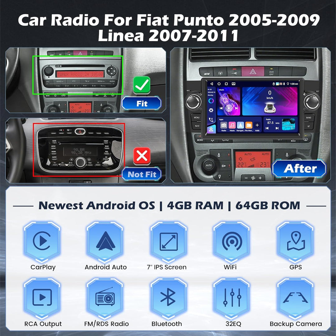 Hikity 4G+64G Autoradio Android 15 für FIAT Punto 2005-2009/Linea 2007-2011 mit 7-Zoll-Touchscreen,