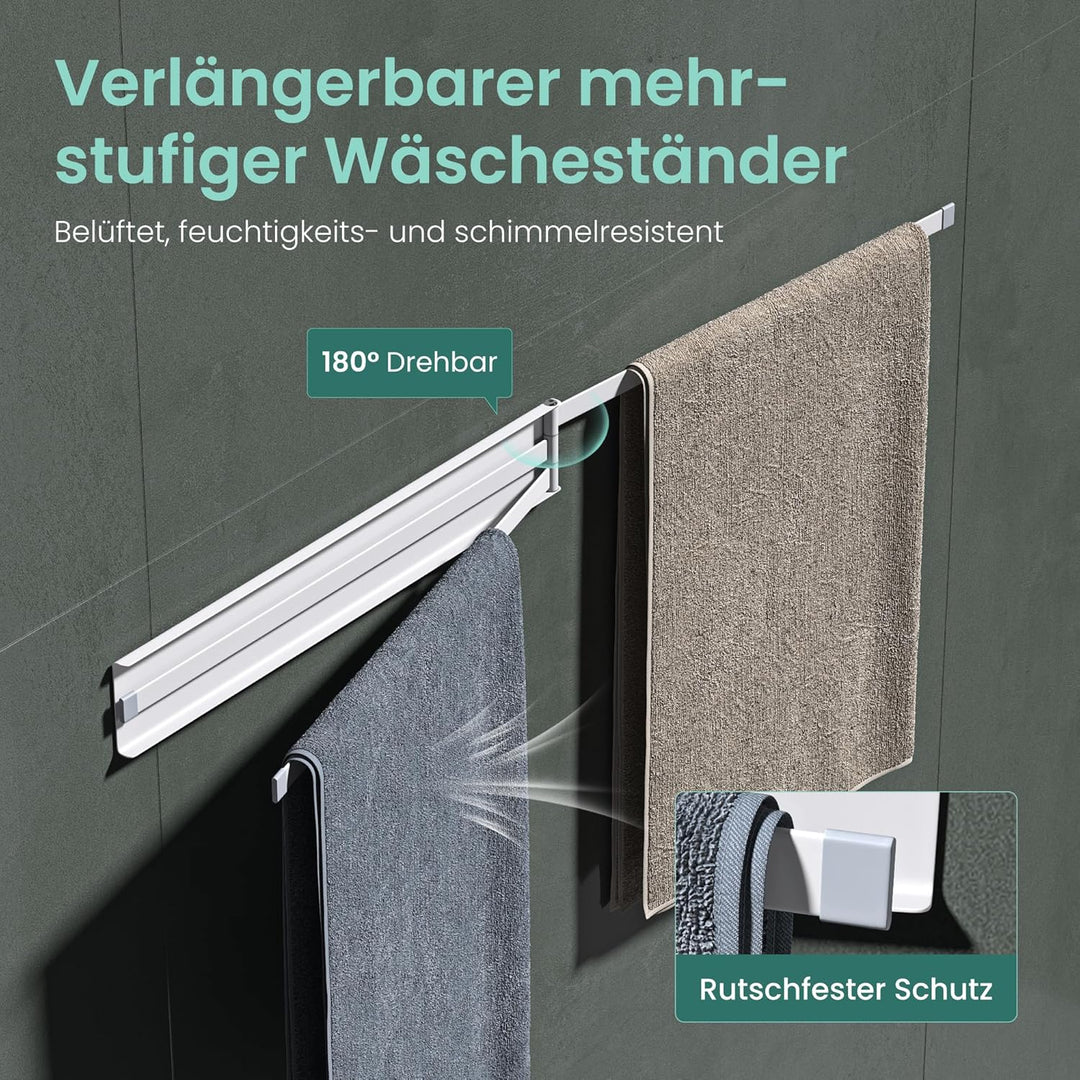 Mai & Mai Handtuchhalter ohne Bohren, 180° schwenkbar mit 3 Armen, Handtuchstange selbstklebend oder