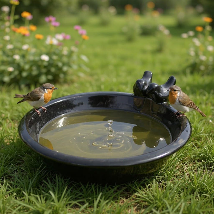 Vogeltränke Oasis aus glasierter Keramik, Ø 30 cm | mit Deko-Vögeln, Winterfest, Farbenfrohe Gartend