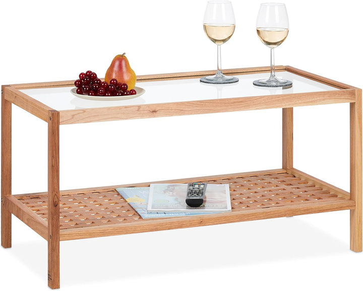 Relaxdays Beistelltisch, Wohnzimmertisch mit Glasablage, HBT 40x80x40 cm, Ablagetisch Walnussholz, K