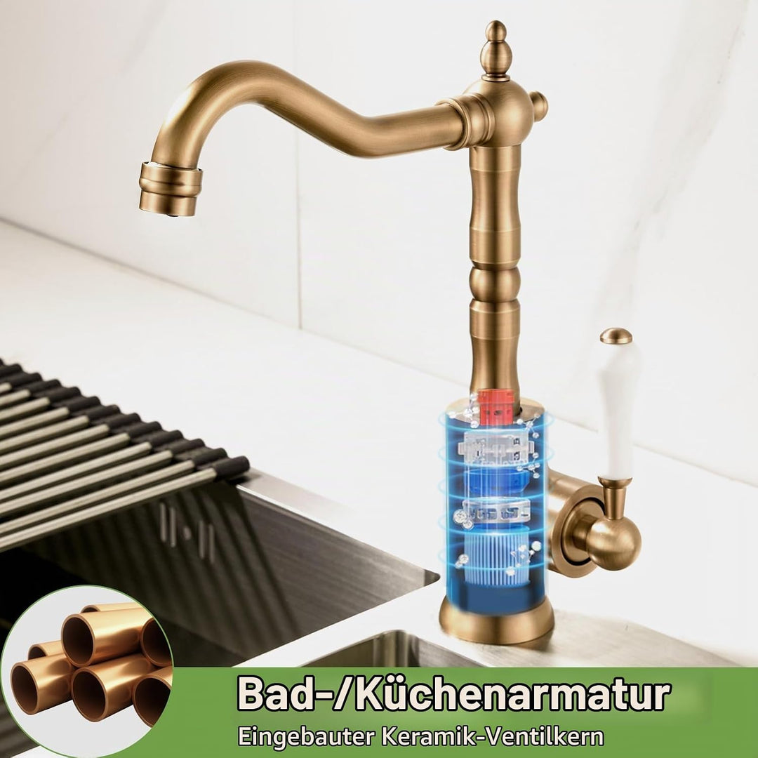 Wasserhahn Küche Antik, Wasserhahn Bad 360° Drehbar, Waschtisch Armaturen Badezimmer Gold Retro, Bad