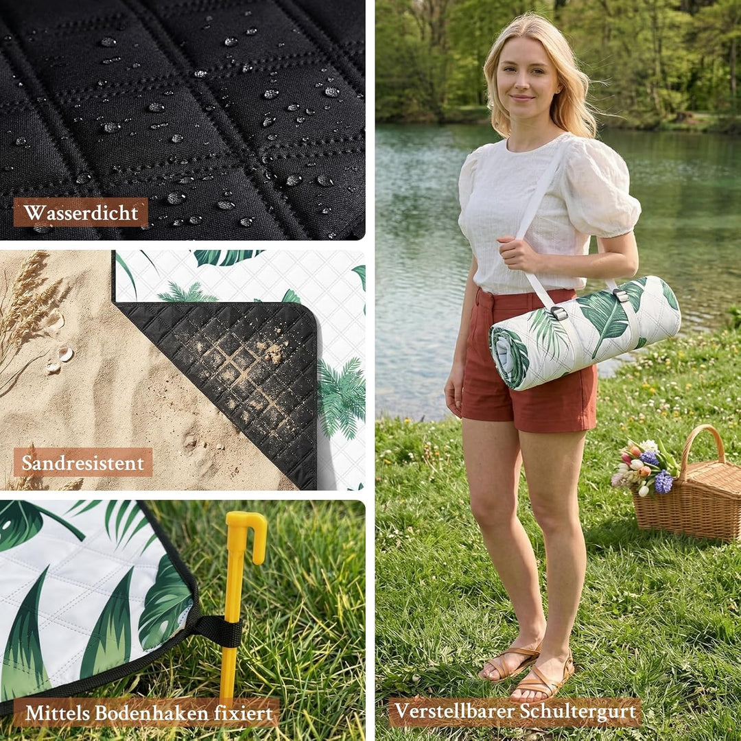TXBOBECO Picknickdecke 200x200cm XXL, Stranddecke Wasserdicht Sandfrei, Outdoor Camping Decke mit Tr