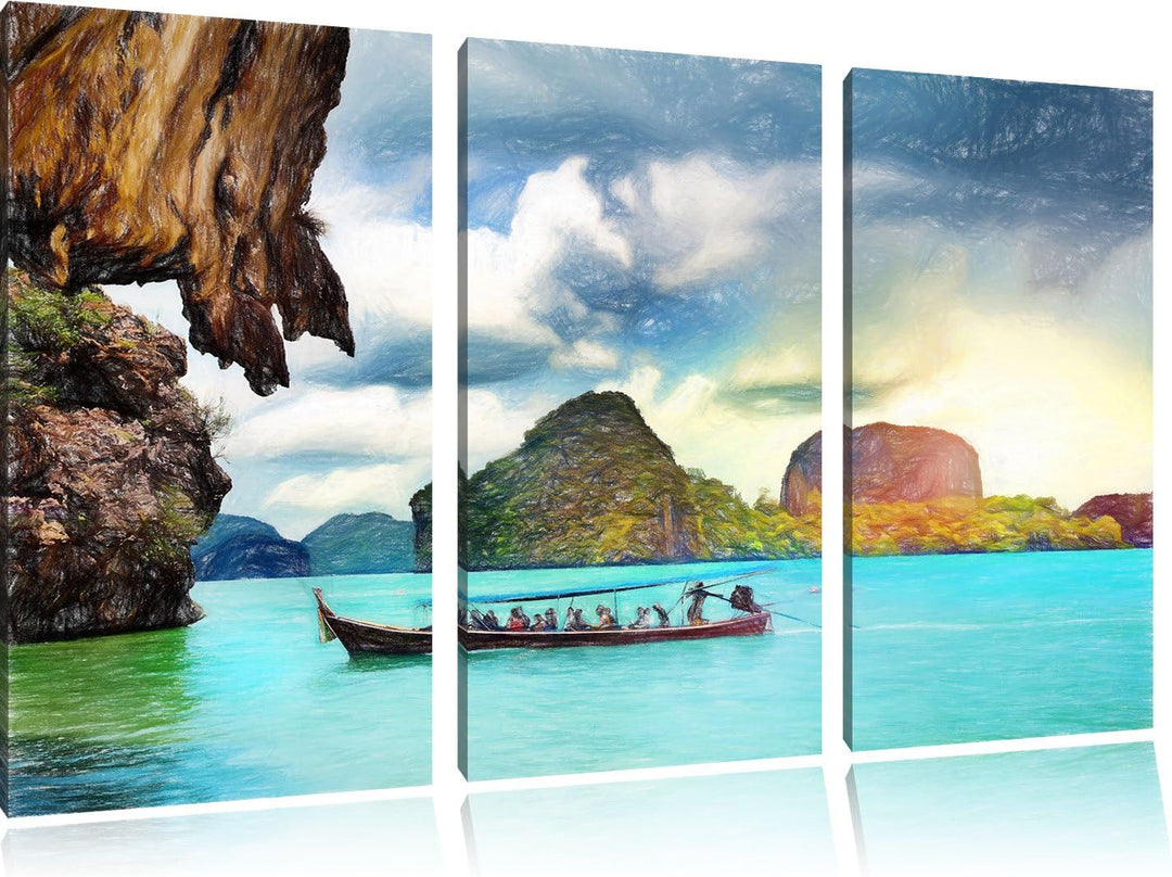 Pixxprint Thailand Phuket Playa Paradisiaca Kunst Buntstift Effekt 3-Teiler Leinwandbild 120x80 Bild