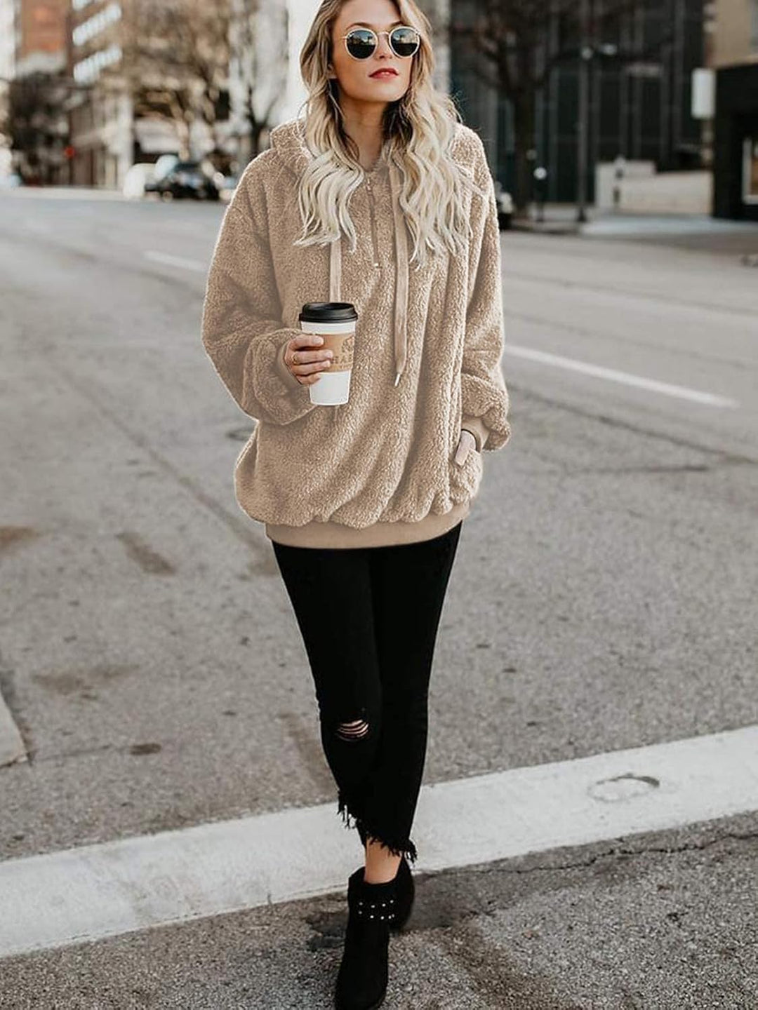 Durio Hoodie Damen Fleece Kapuzenpulli Teddy Fleece Pullover Oversize Sweaterpullover Winter Warm Kh