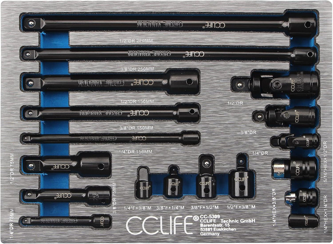 CCLIFE 18tlg Steckschlüssel Verlängerung Satz 1/4' 3/8' 1/2' Ratsche Knarre Verbindungsteile inkl. S