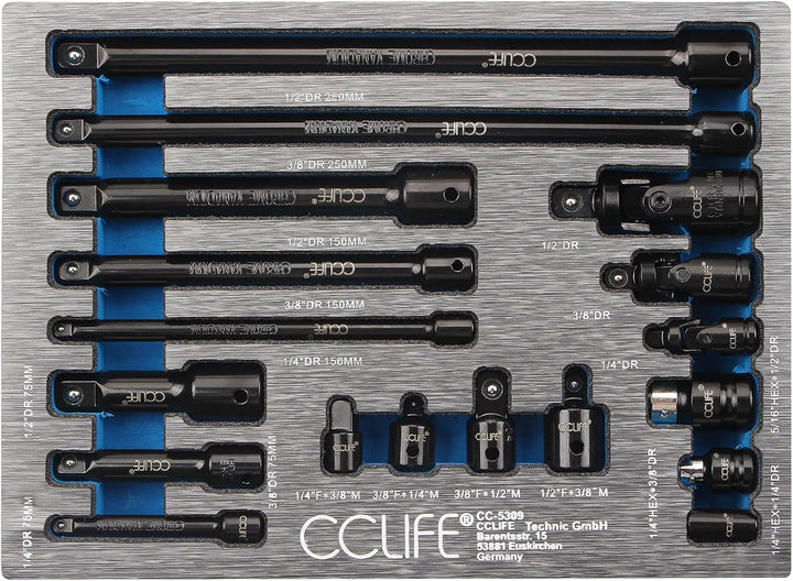 CCLIFE 18tlg Steckschlüssel Verlängerung Satz 1/4' 3/8' 1/2' Ratsche Knarre Verbindungsteile inkl. S