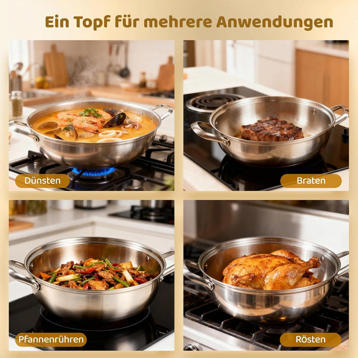 Edelstahlpfanne 28Cm, 5-lagige Suppentopf mit Klarglasdeckel, Edelstahlpfanne Unbeschichtet mit verb