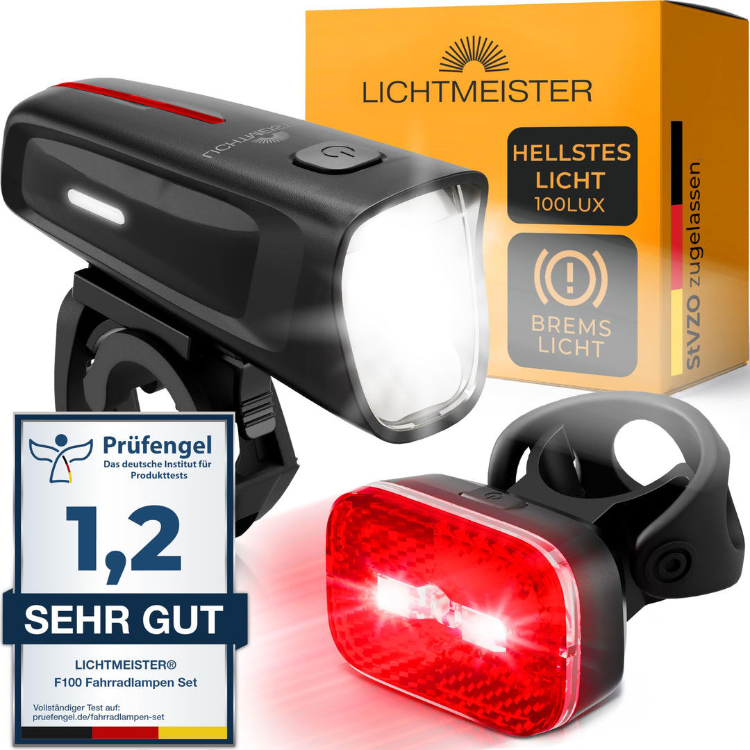 Fahrradlicht 100 Lux - 2000 mAh Akku - mit Reflektor und Bremslicht - StVZO zugelassen, USB-C auflad