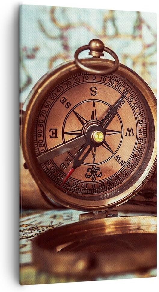 Bilder auf Leinwand 55x100cm Leinwandbild mit Rahmen Kompass Teleskop Abenteuer antik Gross Wanddeko